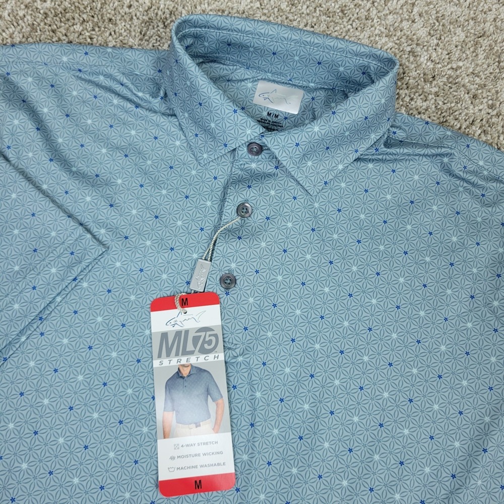 NWT Greg Norman Mens Medium Gray AOP Floral Performance Stretch Golf Polo SS